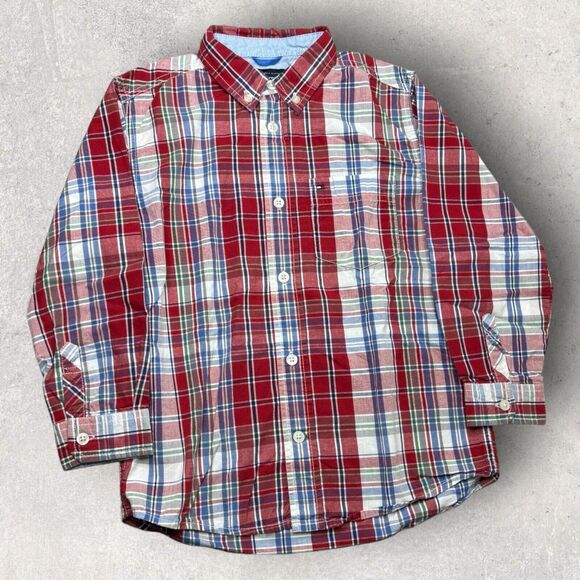 Tommy Hilfiger Button Down Long Sleeve Dress Shirt Red Blue Plaid Boys Size 6‎ - Picture 1 of 9